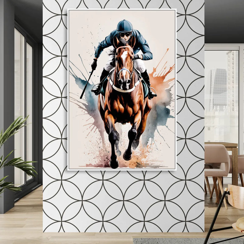 Champion Racehorse in Motion Sitting Room - White Canvas Wall Art