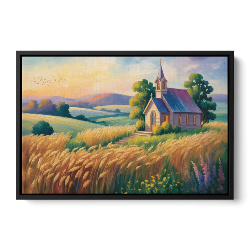 Chapel at Dusk Aesthetic Christian Front - Black Canvas Wall Art
