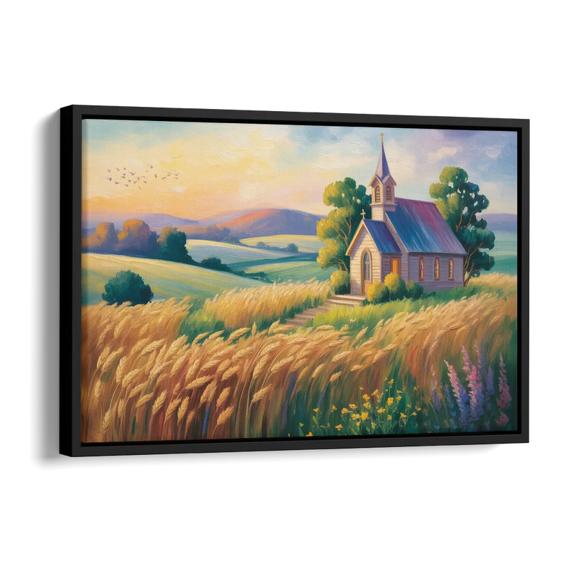 Chapel at Dusk Aesthetic Christian Side - Black Canvas Wall Art