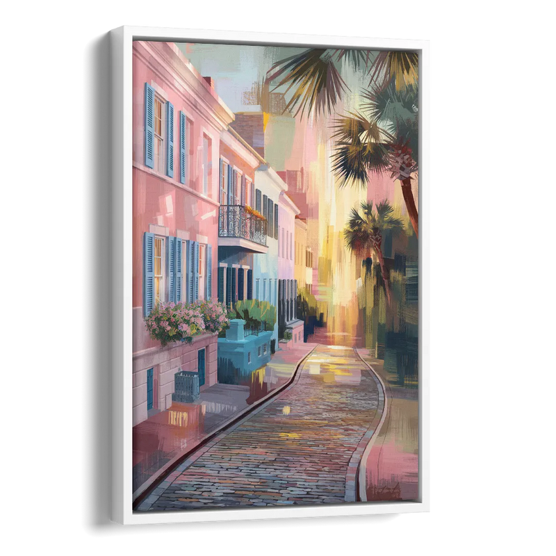 Charleston Cobblestone Streets Side - White Canvas Wall Art