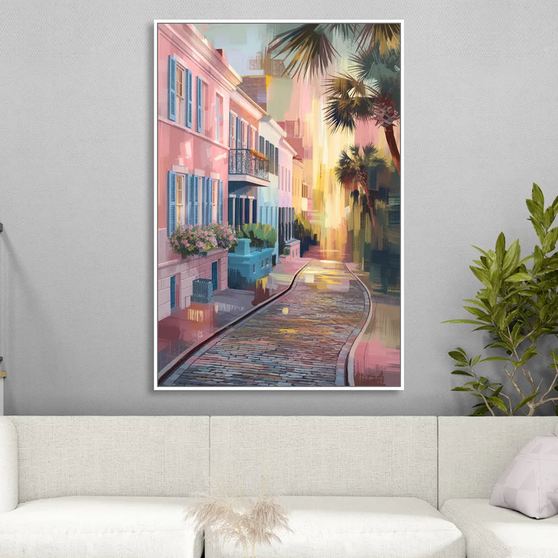 Charleston Cobblestone Streets Living Room - White Canvas Wall Art