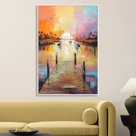 Charleston Harbor at Sunset Living Room - White Canvas Wall Art