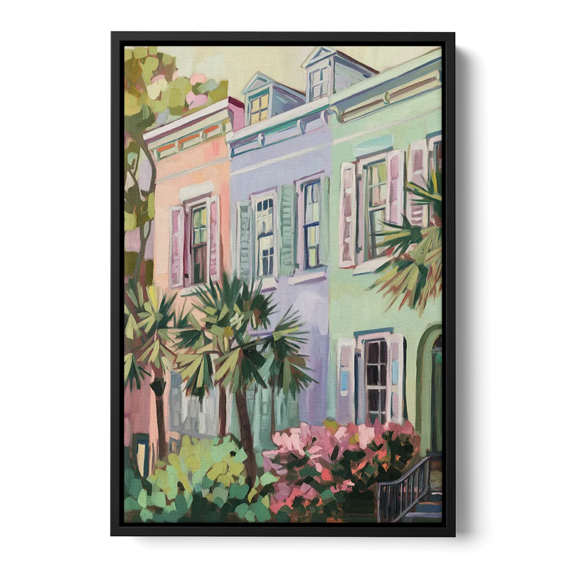 Charleston Rainbow Row Front - Black Canvas Wall Art