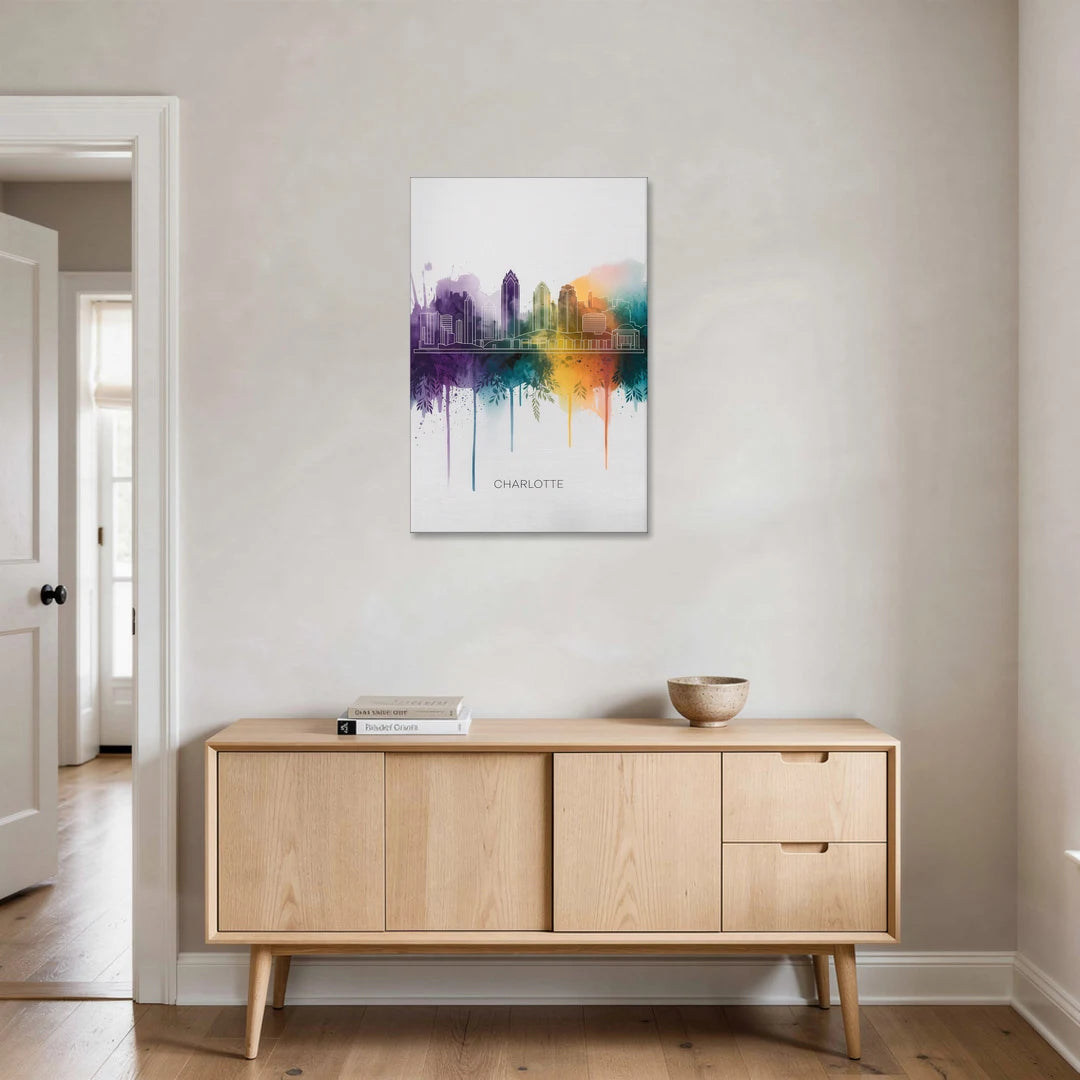 Charlotte Cityscape in Watercolor - Canvas Wall Art - Coffee Table - 24x36