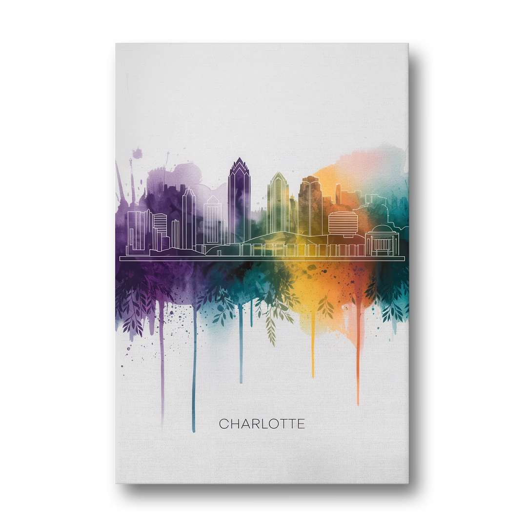 Charlotte Cityscape in Watercolor - Canvas Wall Art - Front