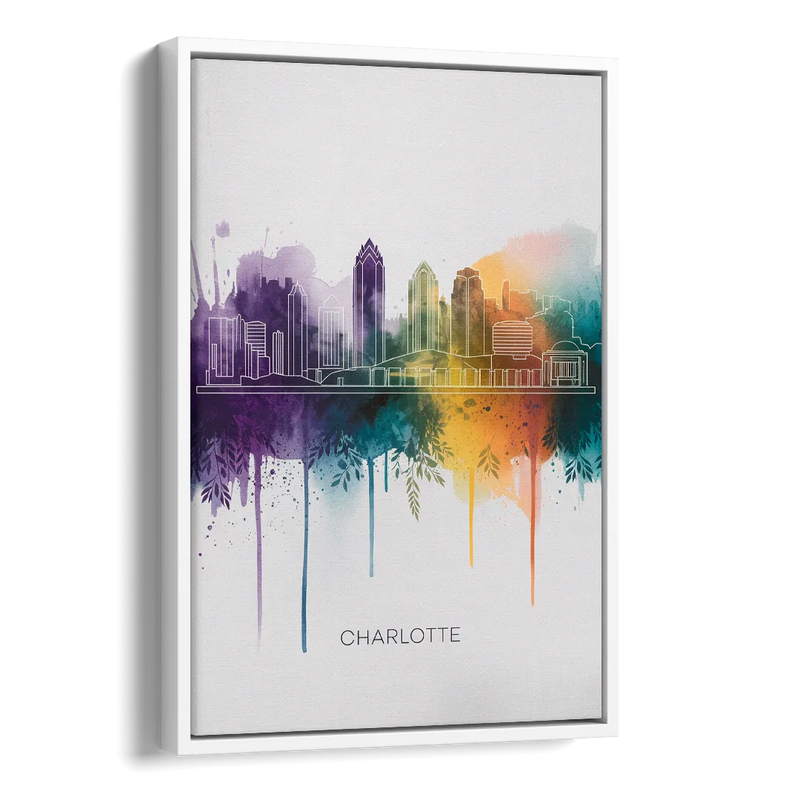Charlotte Cityscape in Watercolor Side - White Canvas Wall Art