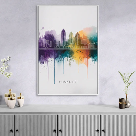 Charlotte Cityscape in Watercolor Living Room - White Canvas Wall Art