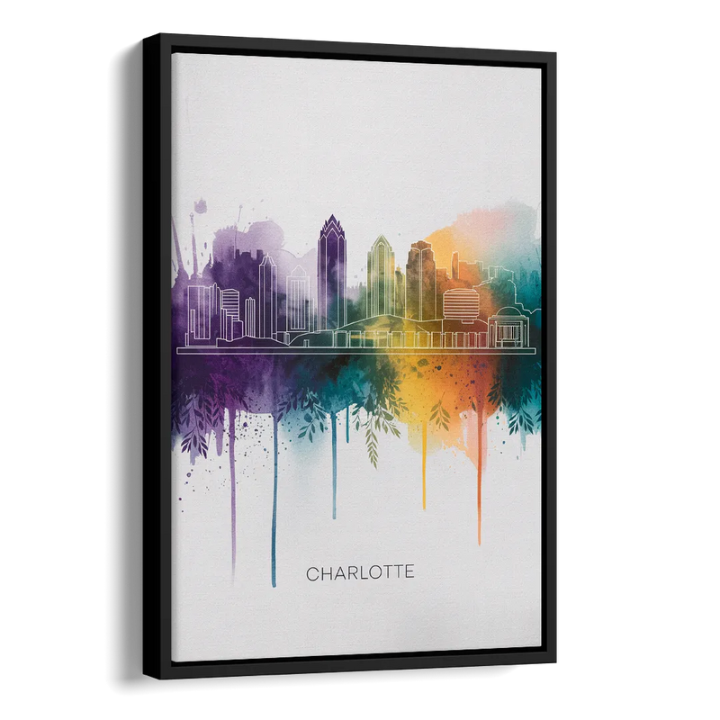 Charlotte Cityscape in Watercolor Side - Black Canvas Wall Art