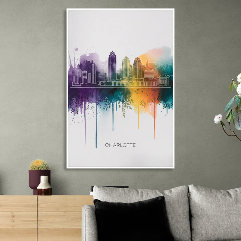 Charlotte Cityscape in Watercolor Sitting Room - White Canvas Wall Art