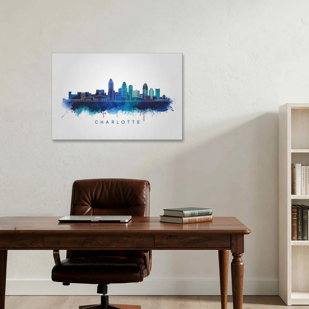 Charlotte Skyline With Blue Tones - Canvas Wall Art - Office - 36x24