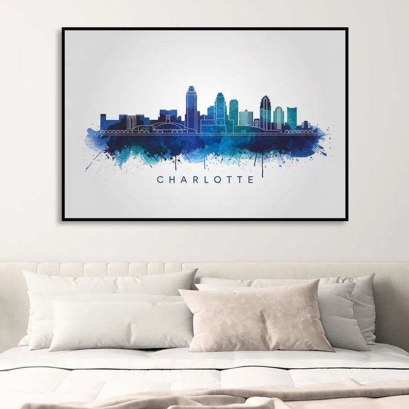 Charlotte Skyline With Blue Tones Sitting Room - Black Canvas Wall Art