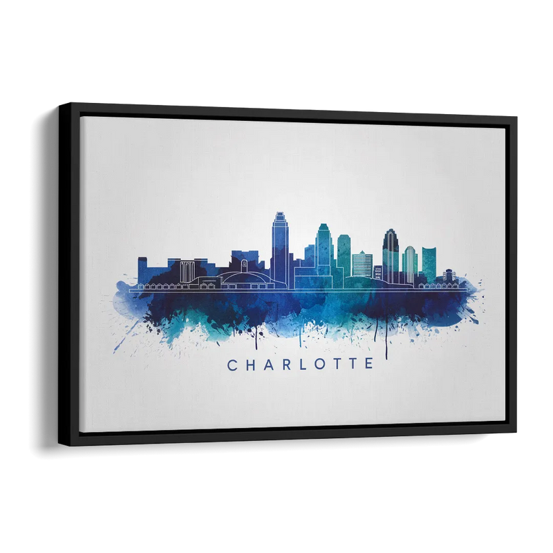 Charlotte Skyline With Blue Tones Side - Black Canvas Wall Art
