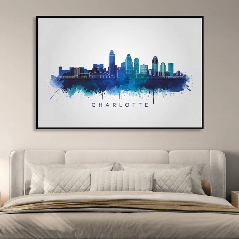 Charlotte Skyline With Blue Tones Living Room - Black Canvas Wall Art