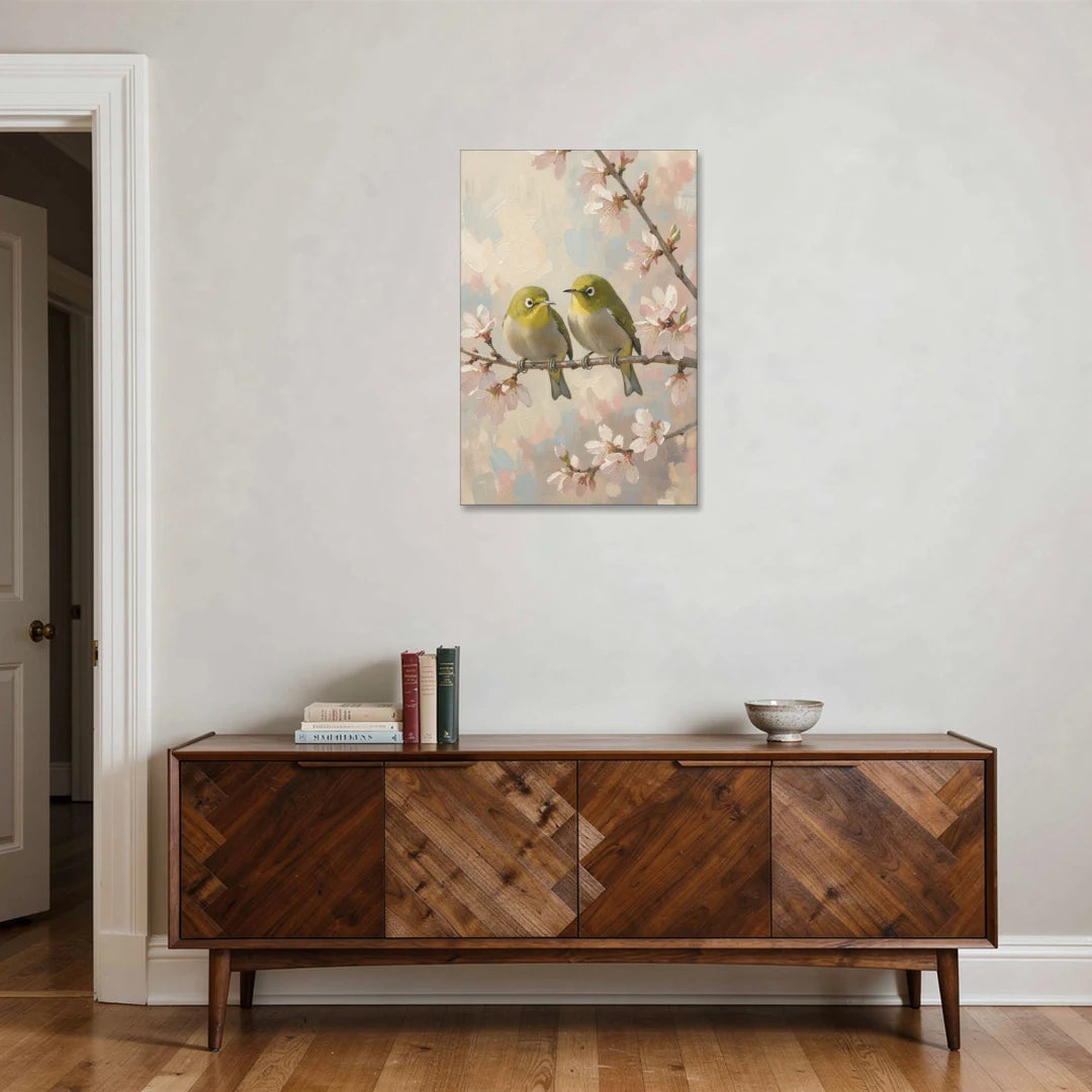 Cherry Blossom Bird Painting of White-Eyes - Canvas Wall Art - Coffee Table - 24x36