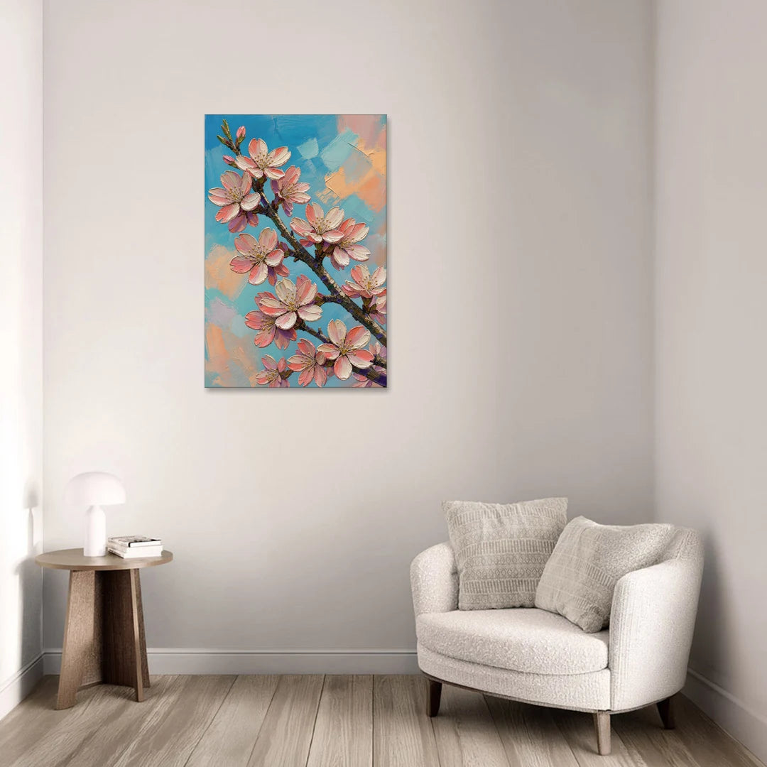 Cherry Blossom Branch Painting Against Turquoise Sky - Canvas Wall Art - Sofa - 24x36