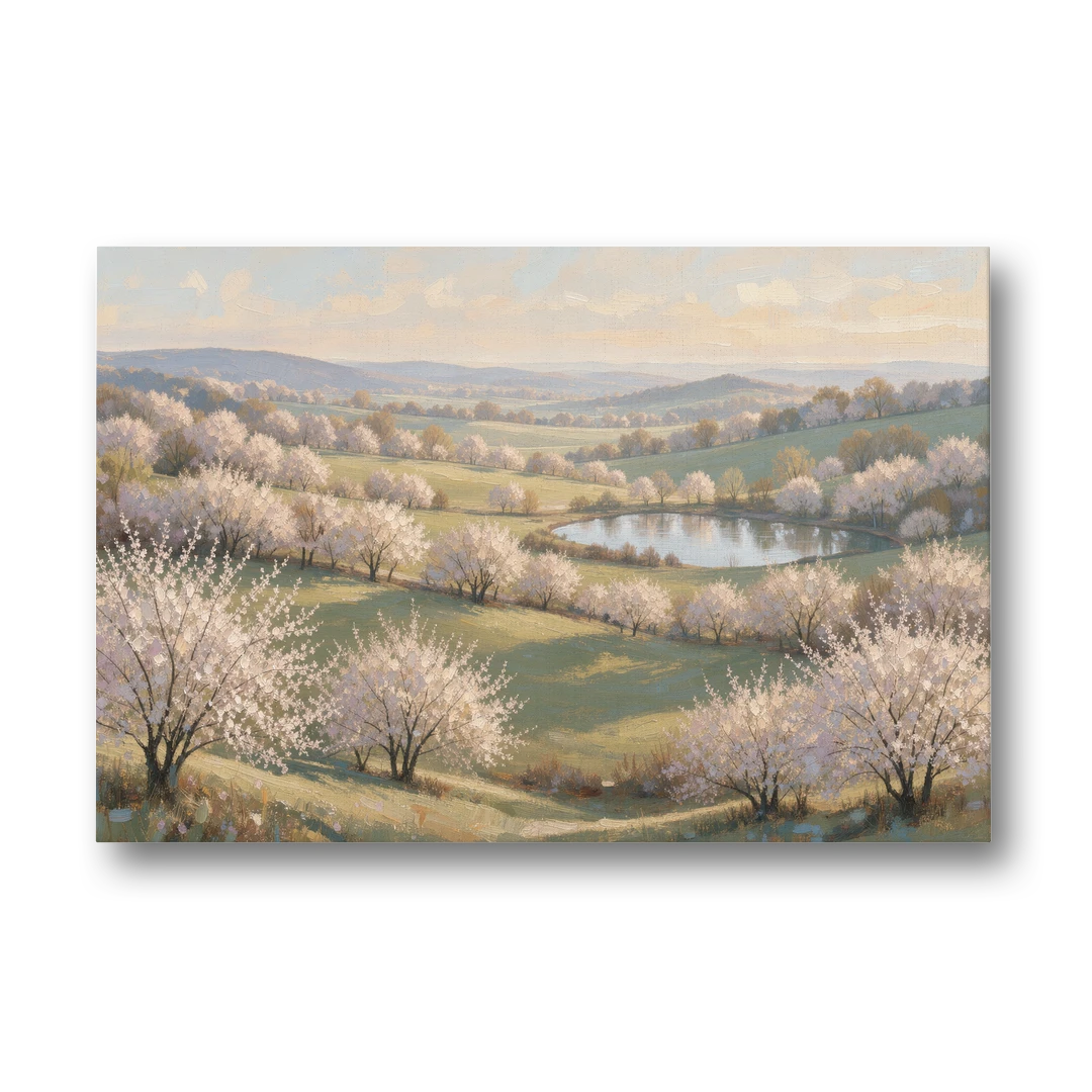 Cherry Blossom Landscape Painting with Valley Lake - Canvas Wall Art - Front