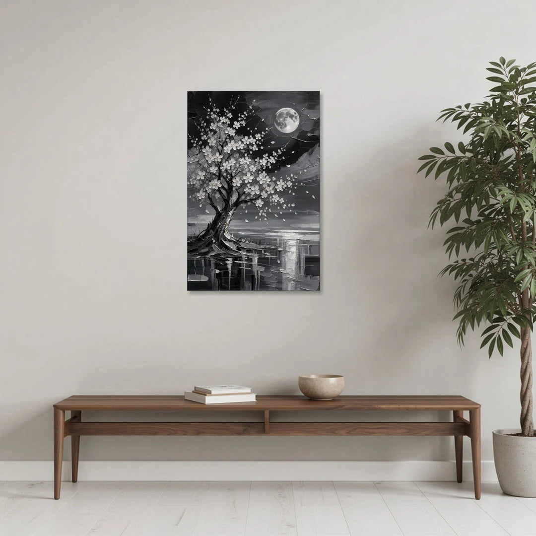 Cherry Blossom Night Painting Under Full Moon - Canvas Wall Art - Coffee Table - 24x36