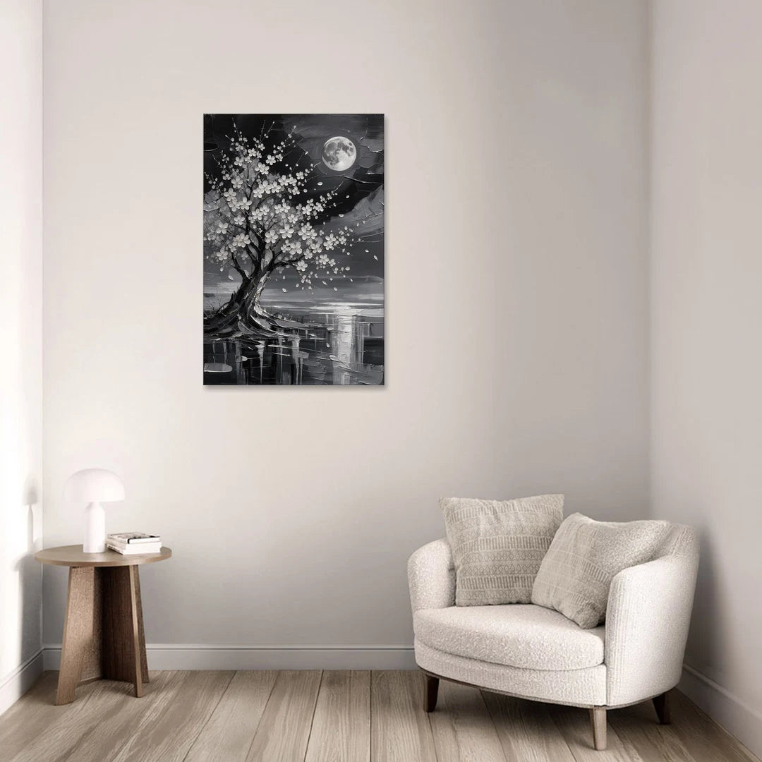 Cherry Blossom Night Painting Under Full Moon - Canvas Wall Art - Sofa - 24x36