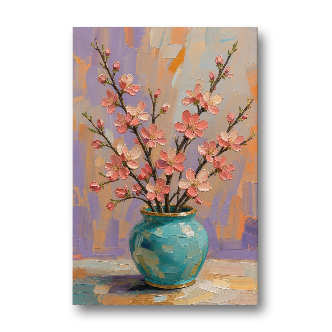 Cherry Blossom Oil Painting in a Turquoise Vase - Canvas Wall Art - Front