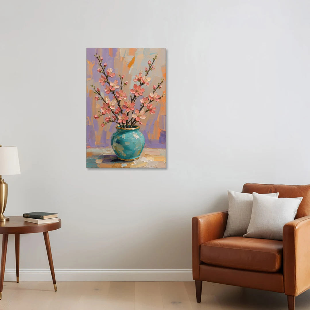 Cherry Blossom Oil Painting in a Turquoise Vase - Canvas Wall Art - Sofa - 24x36