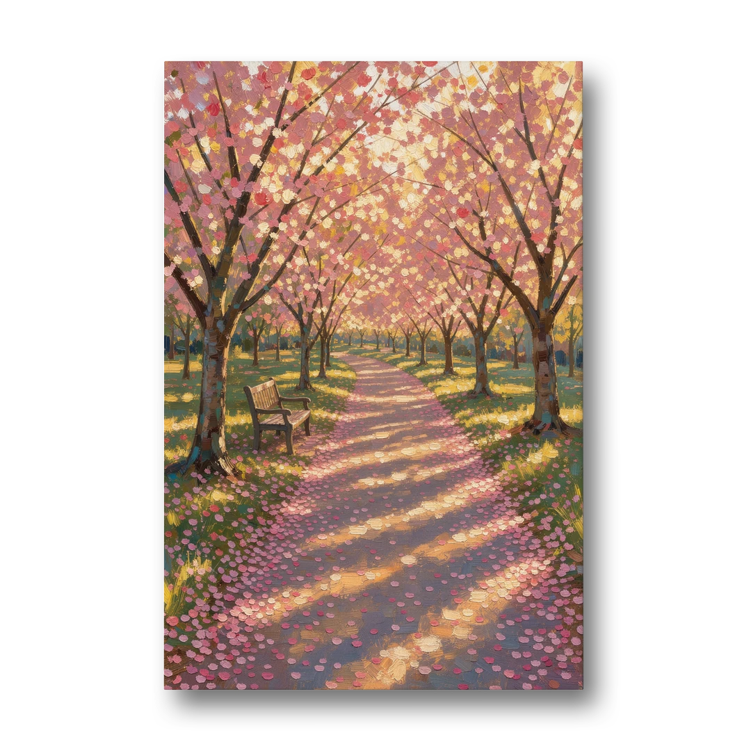 Cherry Blossom Path Painting in Late Sun - Canvas Wall Art - Front