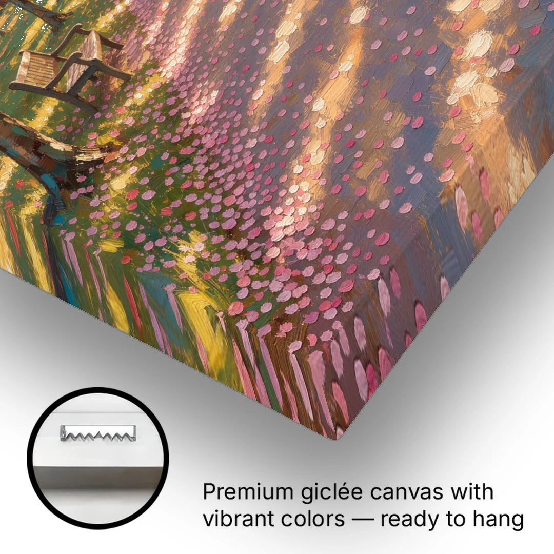Cherry Blossom Path Painting in Late Sun - Canvas Wall Art - Gallery Wrap Corner