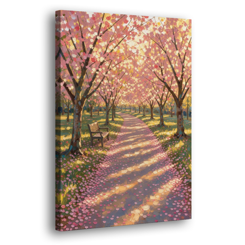 Cherry Blossom Path Painting in Late Sun - Canvas Wall Art