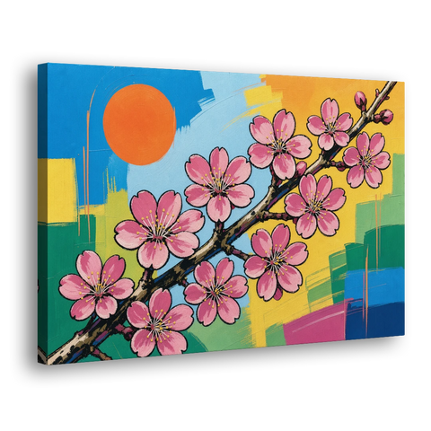 Cherry Blossom Pop Art Branch with Orange Sun - Canvas Wall Art