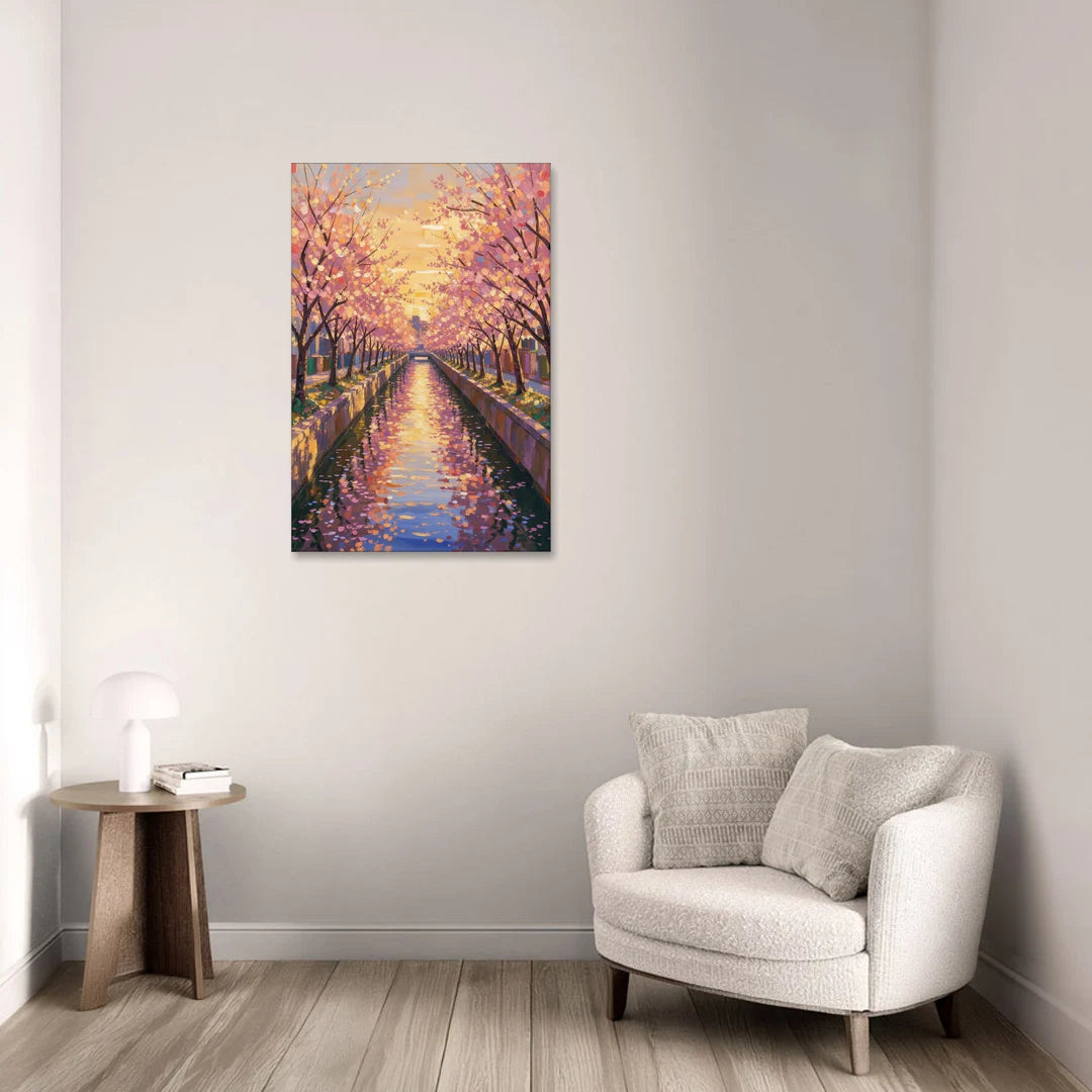 Cherry Blossom River Painting at Sunset - Canvas Wall Art - Sofa - 24x36