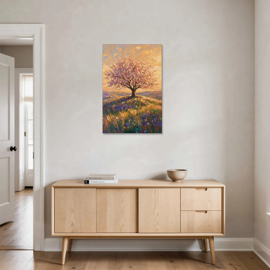 Cherry Blossom Tree Painting on a Golden Hilltop - Canvas Wall Art - Coffee Table - 24x36