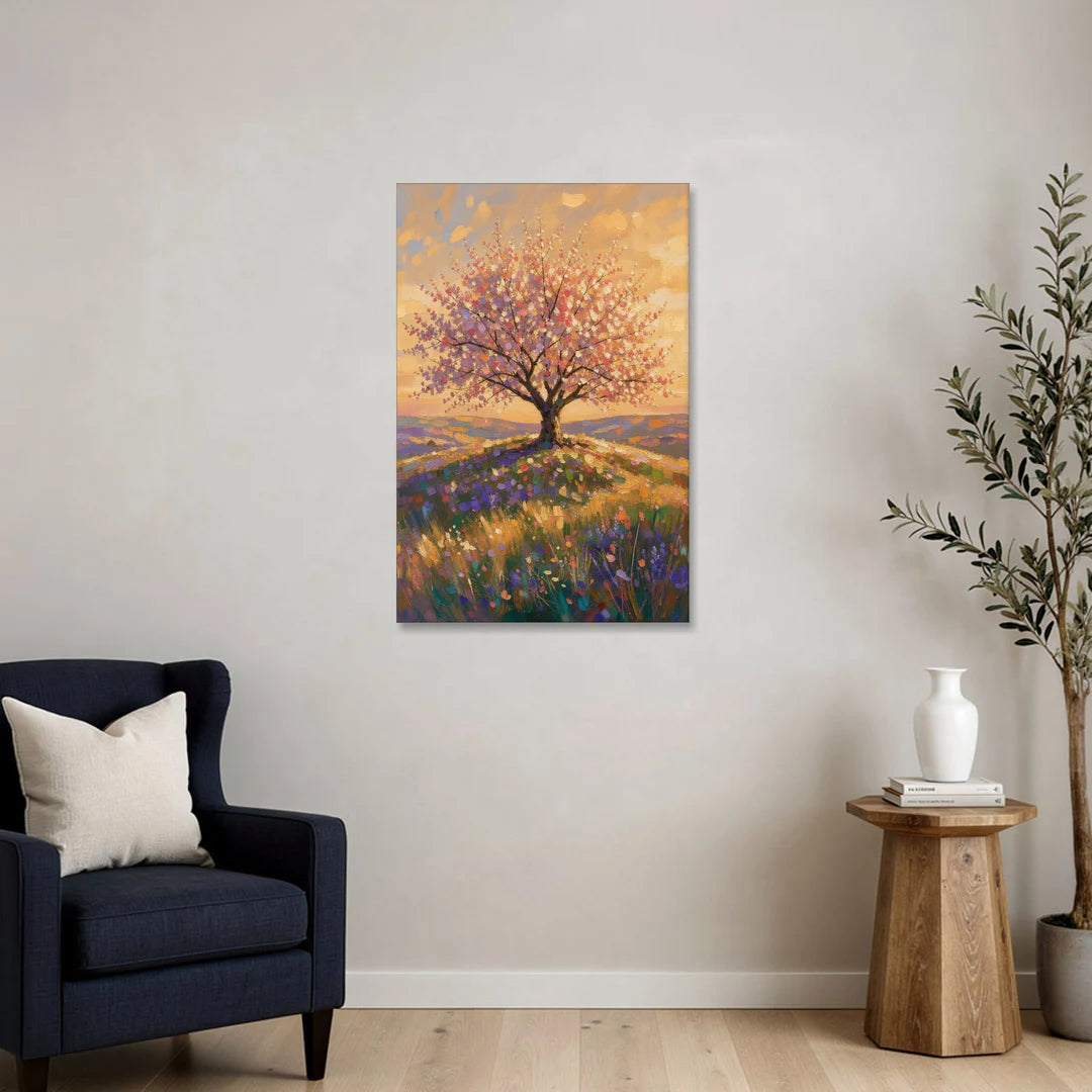 Cherry Blossom Tree Painting on a Golden Hilltop - Canvas Wall Art - Sofa - 24x36