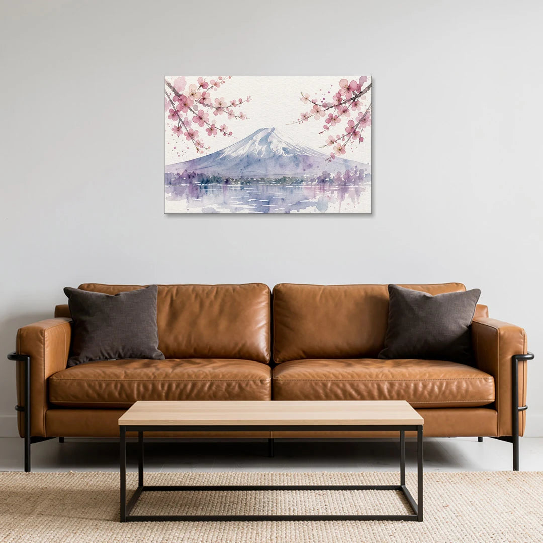 Cherry Blossom Watercolor Painting of Mount Fuji - Canvas Wall Art - Sofa - 36x24