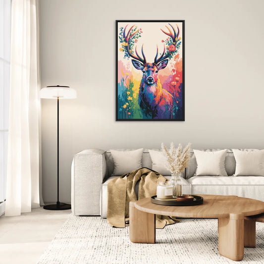 Chic Floral Deer Head - Living Room Black Frame Canvas