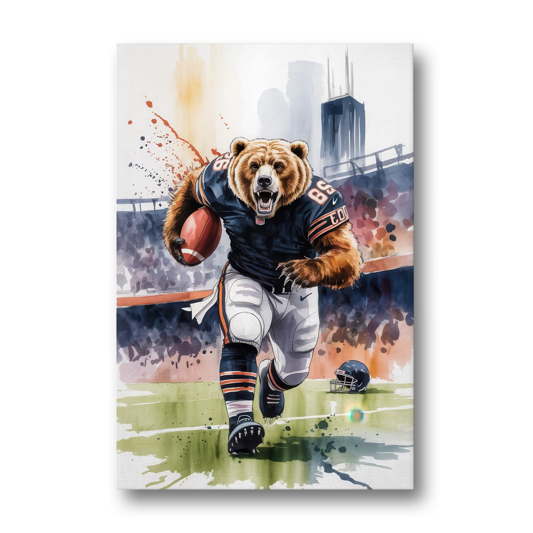Chicago Bears Watercolor Art Fierce Mascot in Motion - Canvas Wall Art - Front