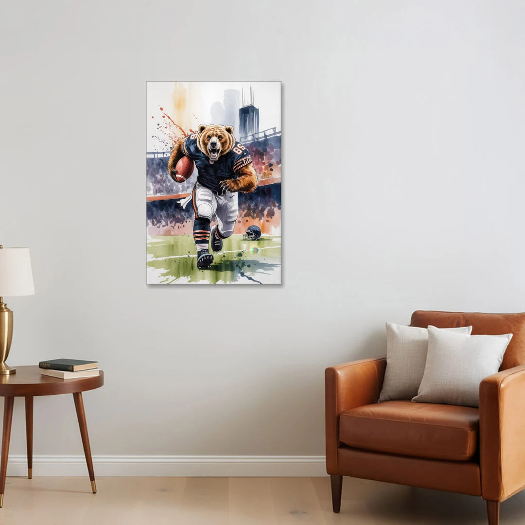 Chicago Bears Watercolor Art Fierce Mascot in Motion - Canvas Wall Art - Sofa - 24x36