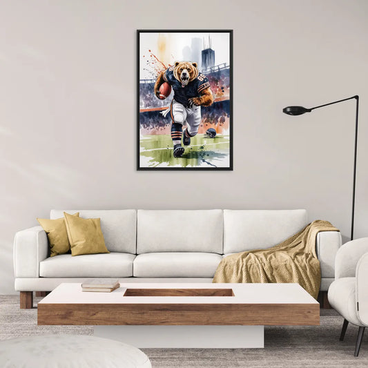 Chicago Bears Watercolor Art Fierce Mascot in Motion - Living Room Black Frame Canvas