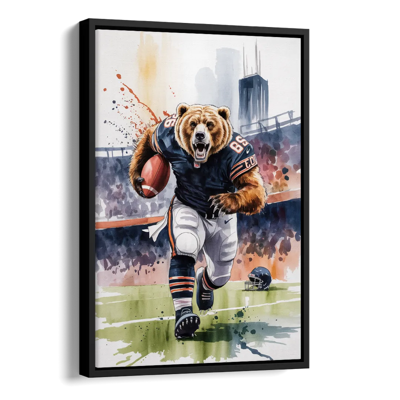 Chicago Bears Watercolor Art Fierce Mascot in Motion Side - Black Canvas Wall Art