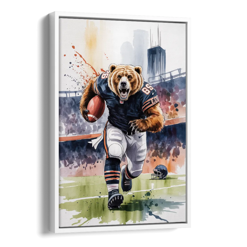 Chicago Bears Watercolor Art Fierce Mascot in Motion Side - White Canvas Wall Art