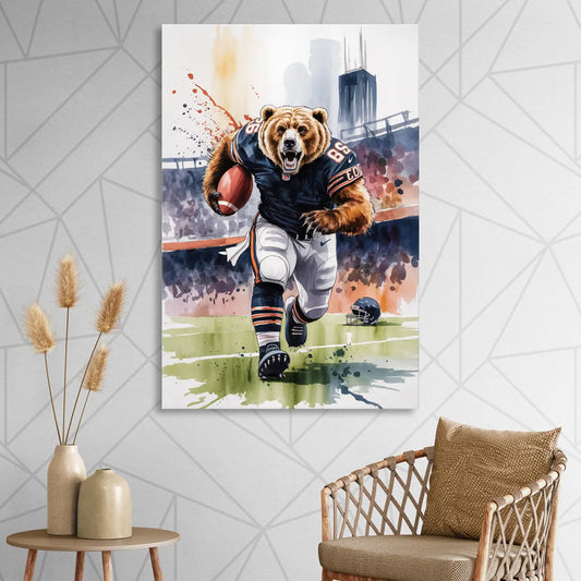 Chicago Bears Watercolor Art Fierce Mascot in Motion Living Room - Canvas Wall Art