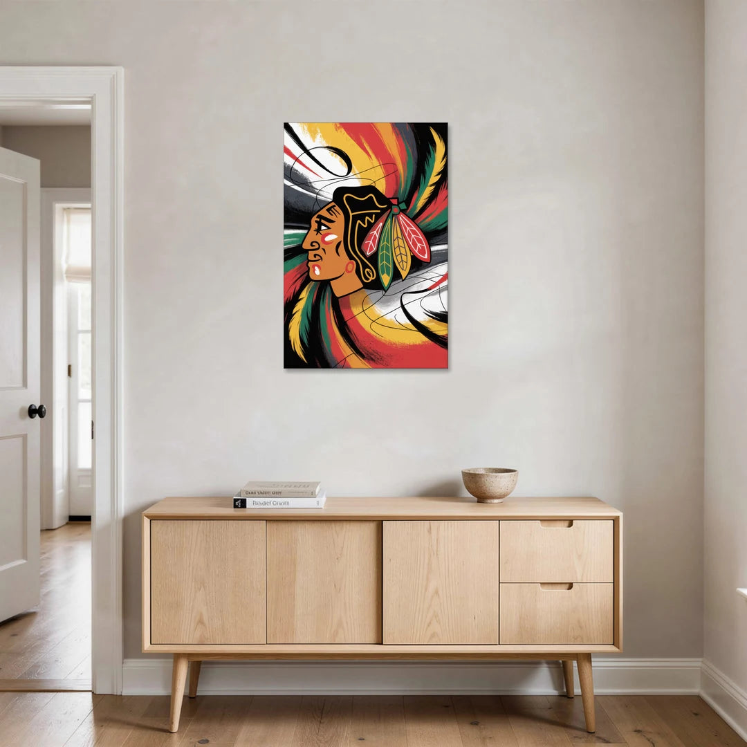 Chicago Blackhawks Dynamic Abstract Art Hockey and Feathers - Canvas Wall Art - Coffee Table - 24x36