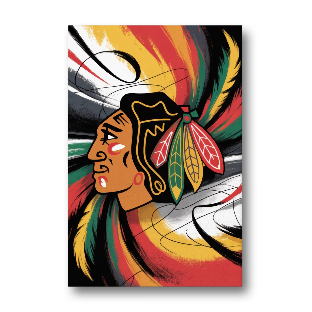 Chicago Blackhawks Dynamic Abstract Art Hockey and Feathers - Canvas Wall Art - Front