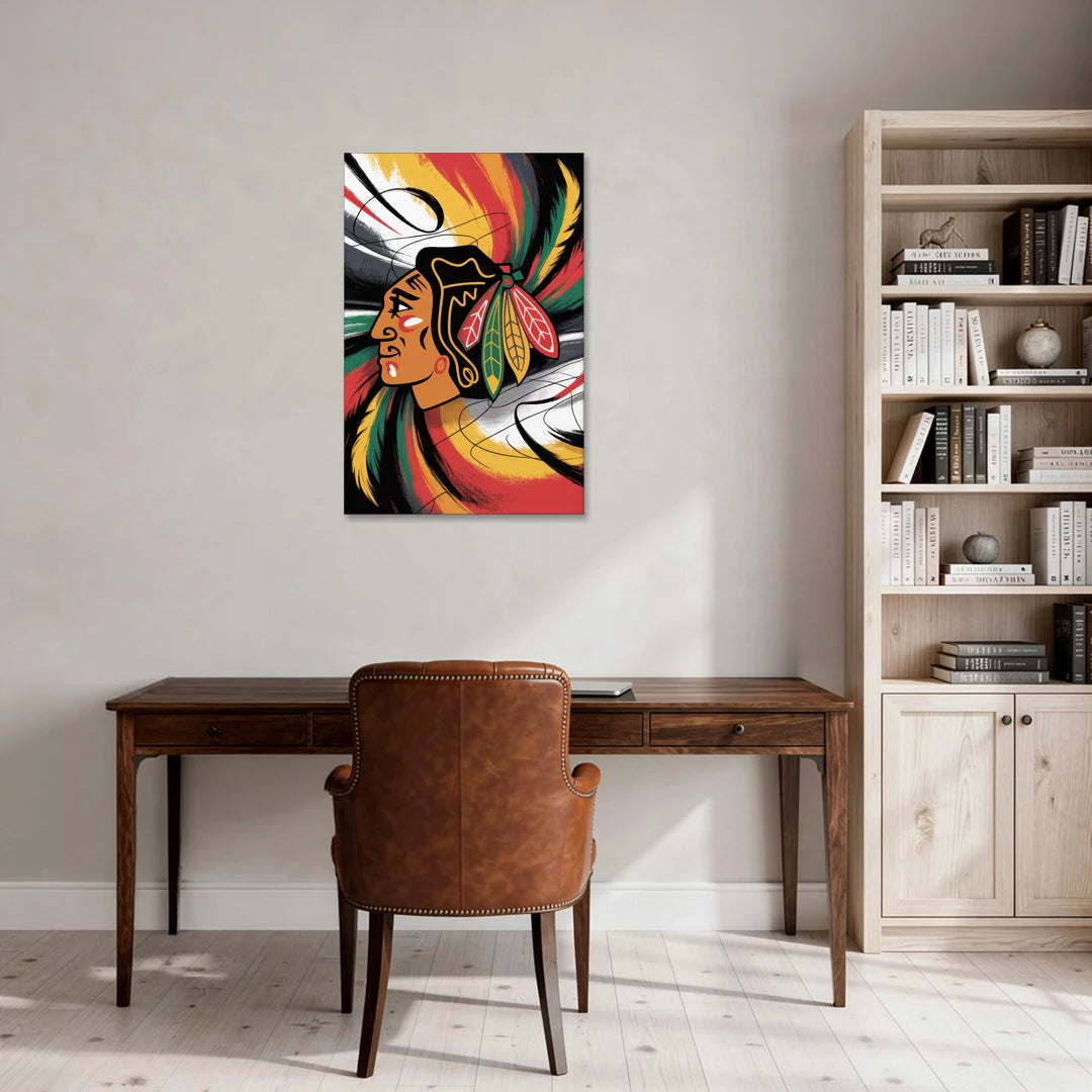 Chicago Blackhawks Dynamic Abstract Art Hockey and Feathers - Canvas Wall Art - Office - 24x36