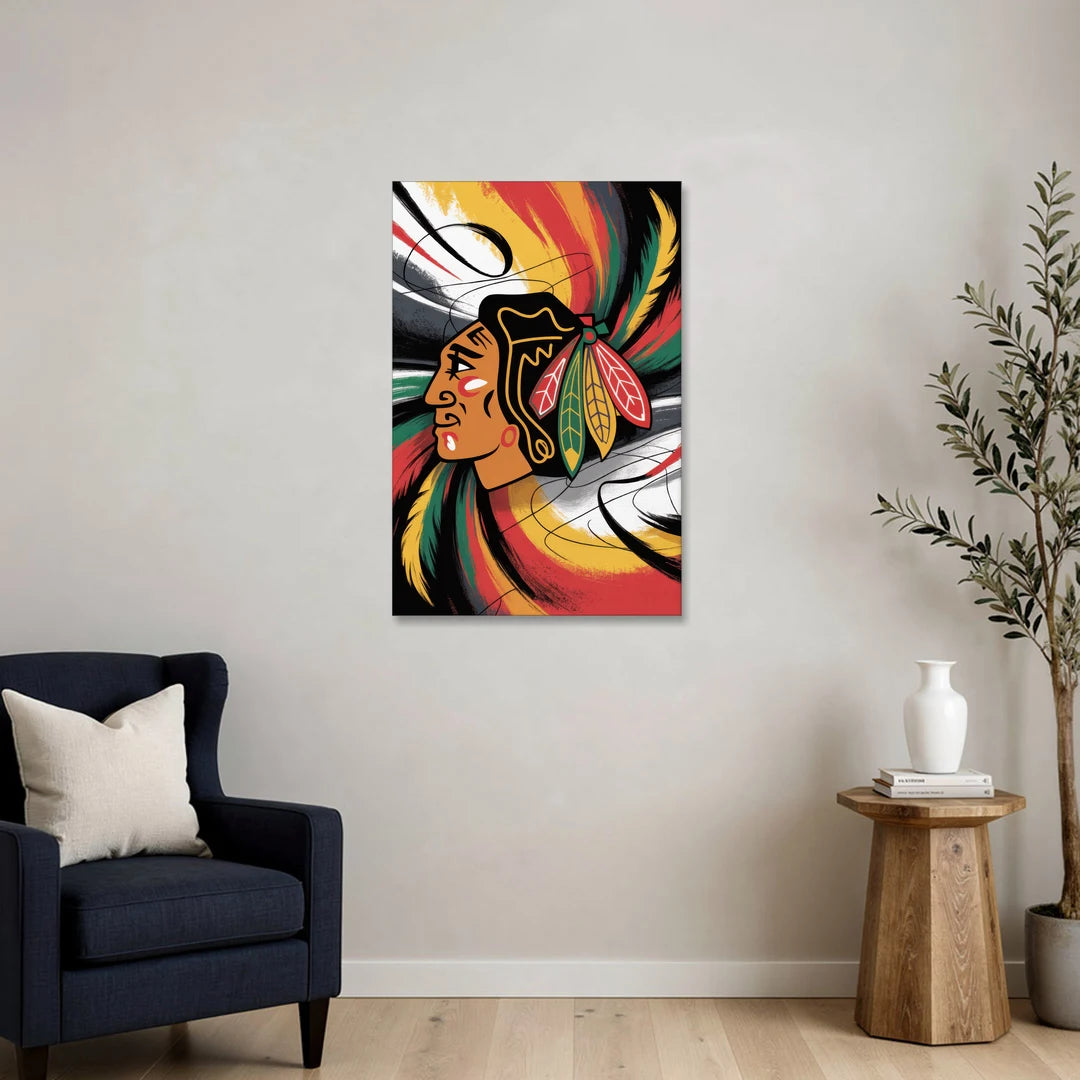 Chicago Blackhawks Dynamic Abstract Art Hockey and Feathers - Canvas Wall Art - Sofa - 24x36