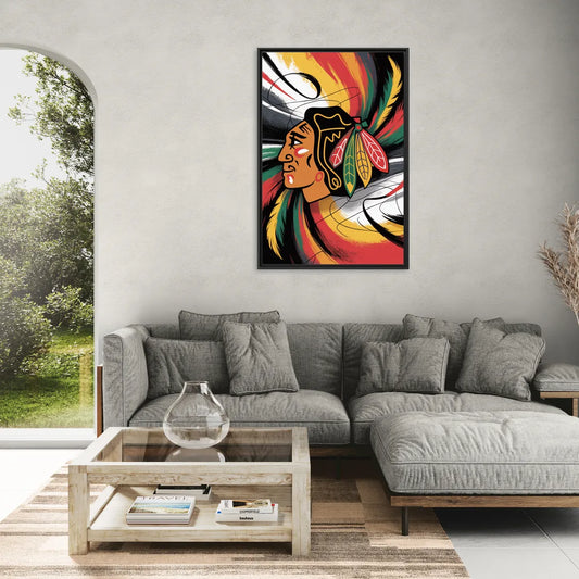 Chicago Blackhawks Dynamic Abstract Art Hockey and Feathers - Living Room Black Frame Canvas