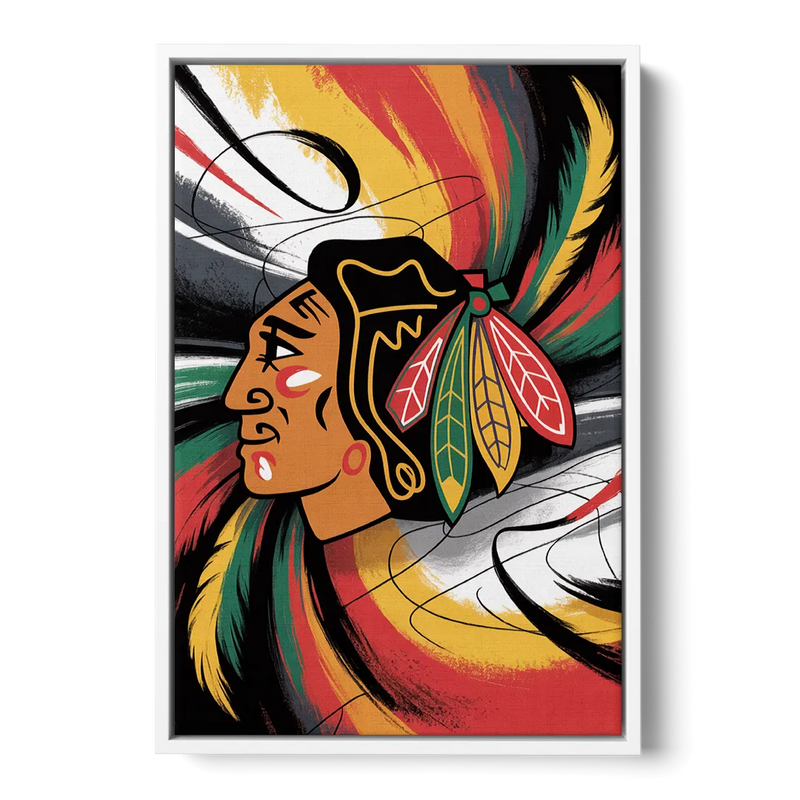 Chicago Blackhawks Dynamic Abstract Art Hockey and Feathers Front - White Canvas Wall Art