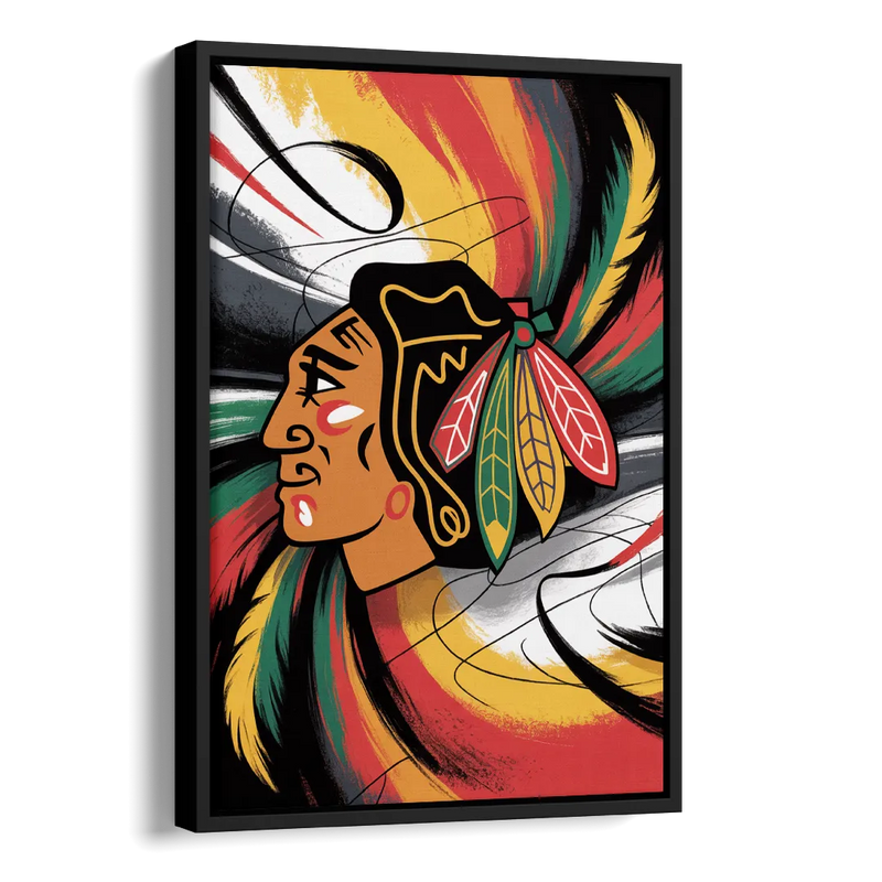 Chicago Blackhawks Dynamic Abstract Art Hockey and Feathers Side - Black Canvas Wall Art