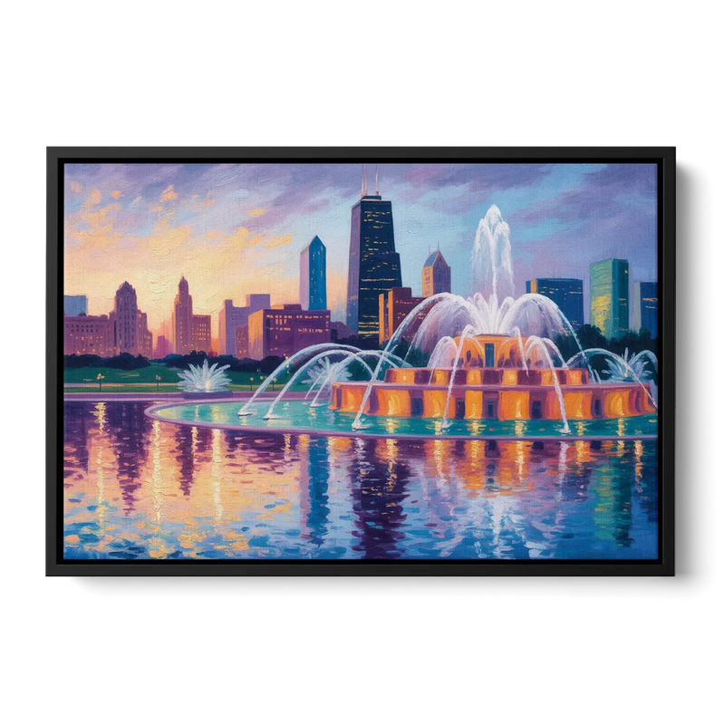 Chicago Buckingham Fountain at Dusk Front - Black Canvas Wall Art