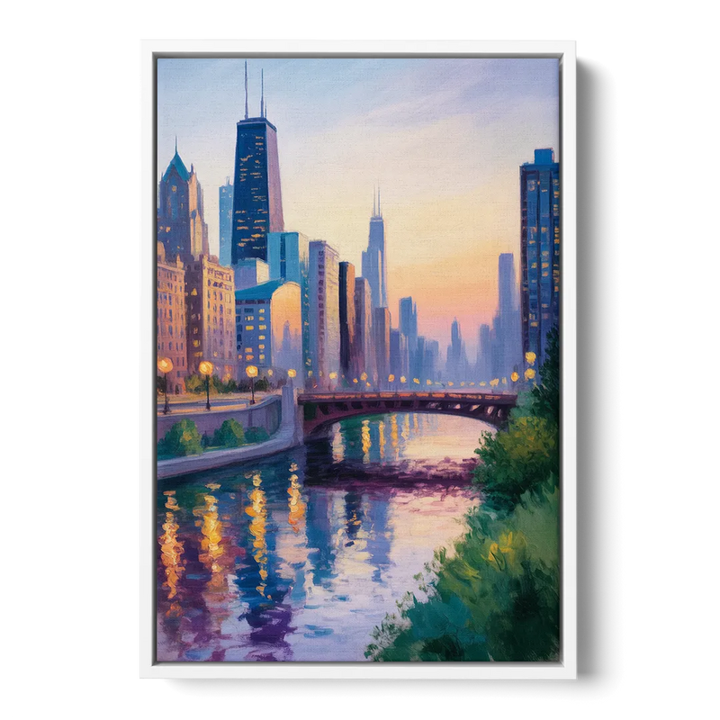 Chicago City Lights Long Exposure Front - White Canvas Wall Art
