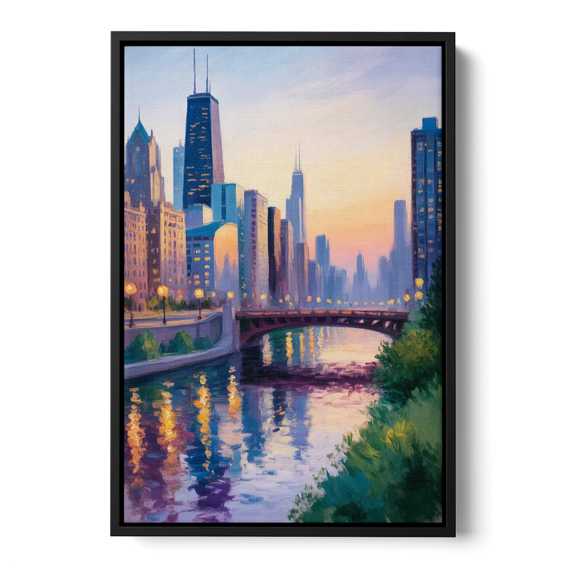 Chicago City Lights Long Exposure Front - Black Canvas Wall Art