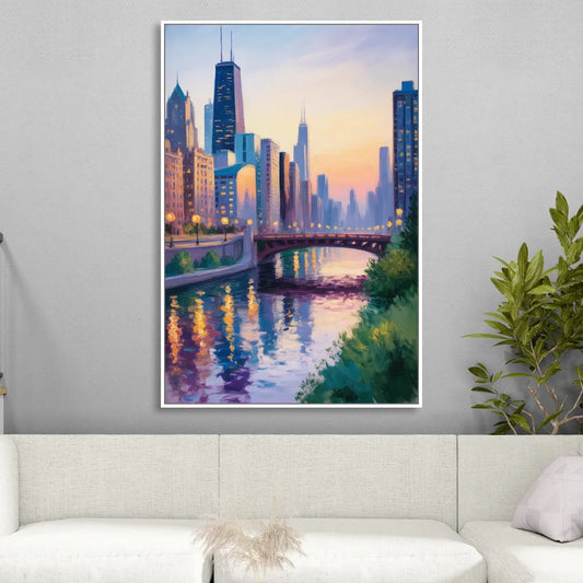 Chicago City Lights Long Exposure Living Room - White Canvas Wall Art